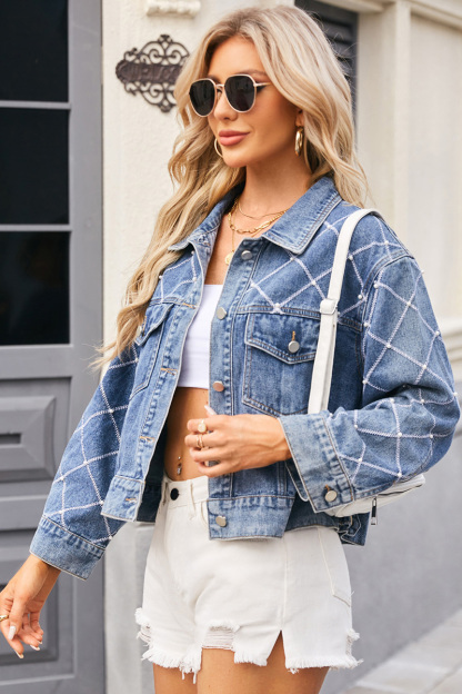 Fashion Plaid Embroidered Beaded Short Denim Jacket