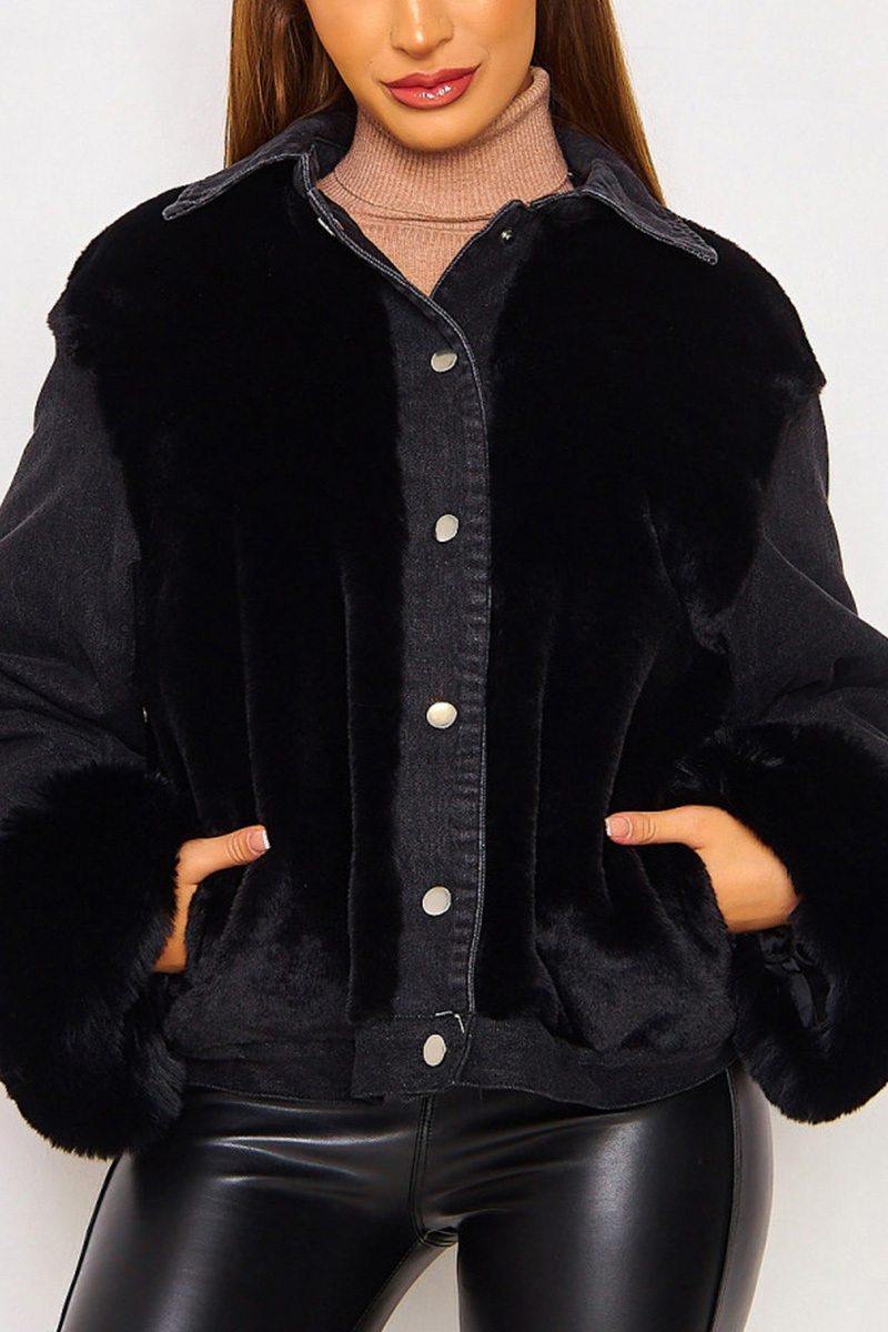 Casual Plush Paneled Denim Insulated Coats