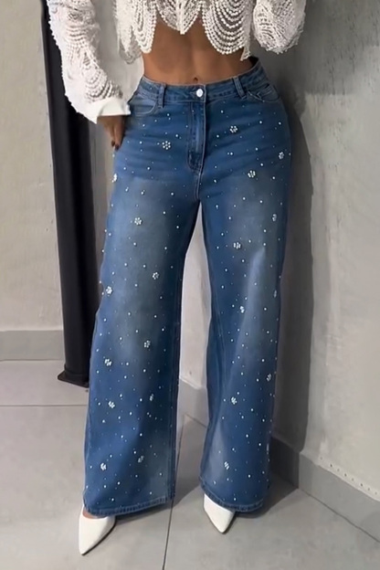 Fashion Shiny Pearl Embedded Wide Leg Jeans