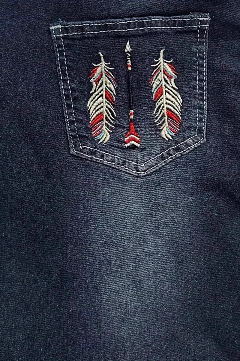 Vintage Feather Embroidered Bleach Wash Jeans