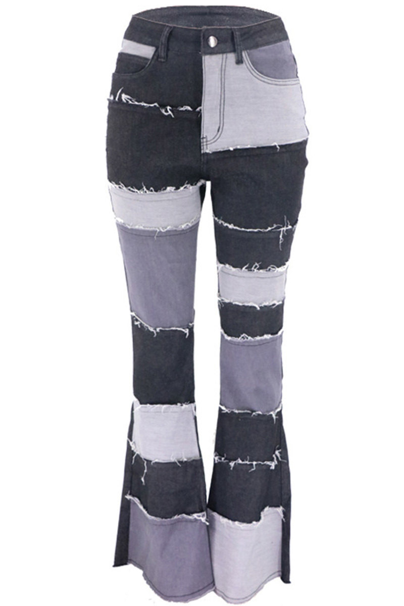 Vintage Color-Block Raw Hem Stretch High Rise Jeans