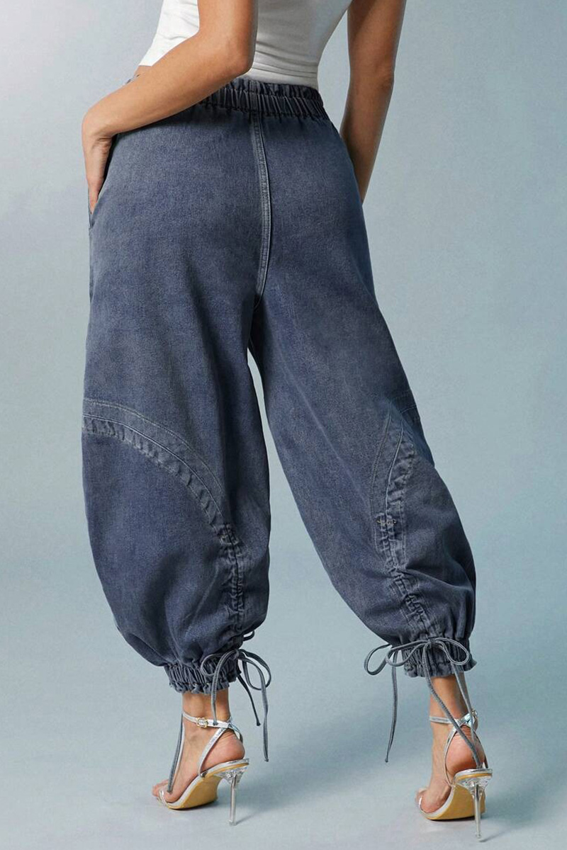 Fashion Bleach Wash Adjustable Drawstring Cargo Jeans