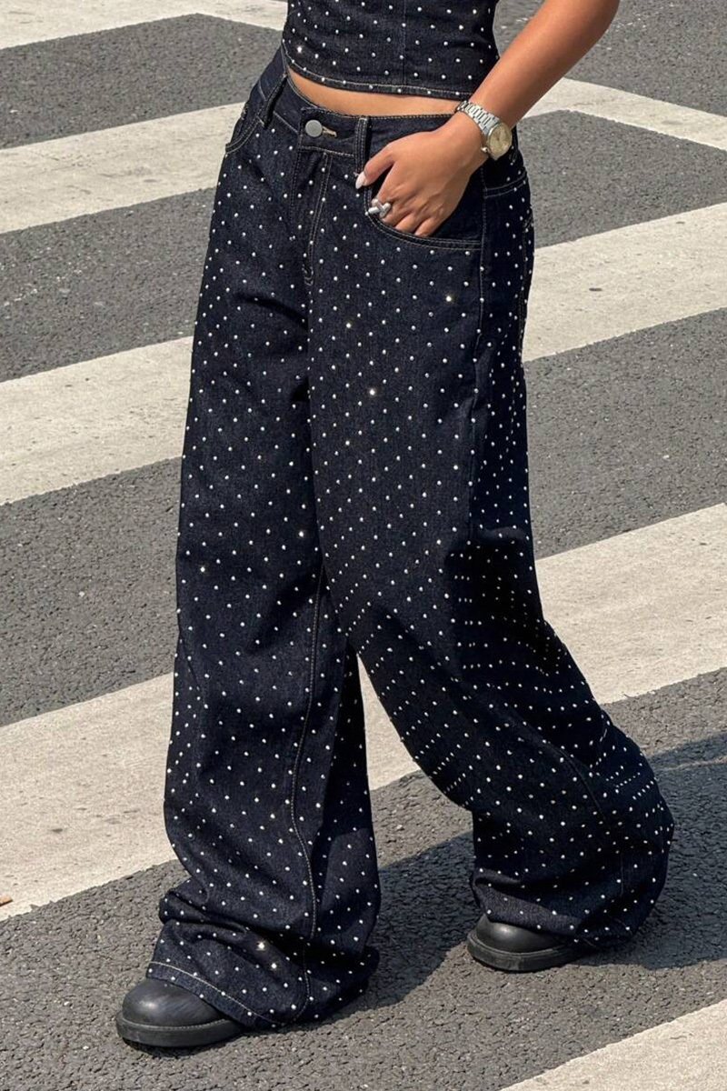 Fashion Hotfix Rhinestone Distressed Low Rise Wide Leg Jeans