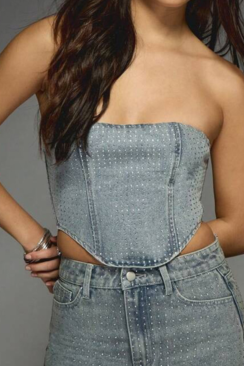 Fashion Hotfix Rhinestone Tube Top Denim Vest