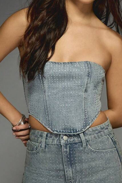 Fashion Hotfix Rhinestone Tube Top Denim Vest