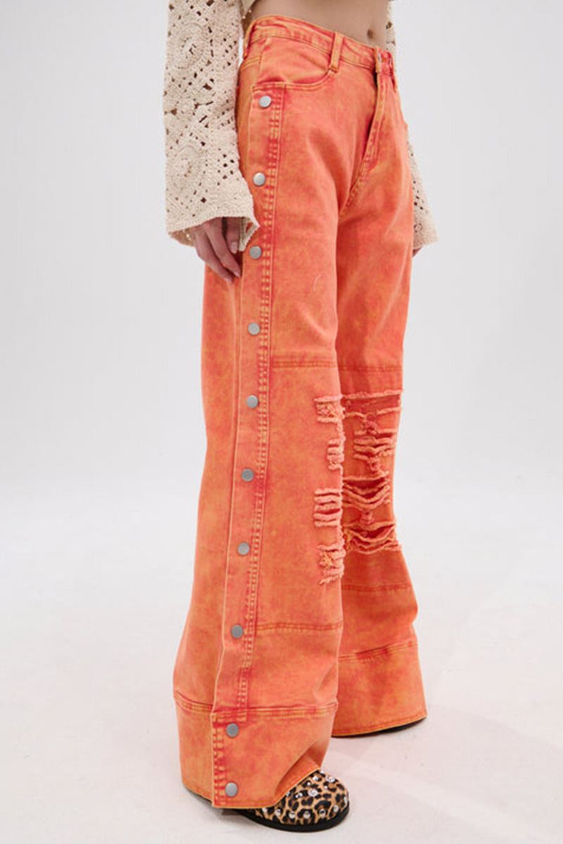 Fashion Side Button Ripped Bright Color Jeans