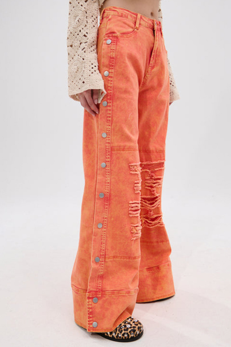Fashion Side Button Ripped Bright Color Jeans