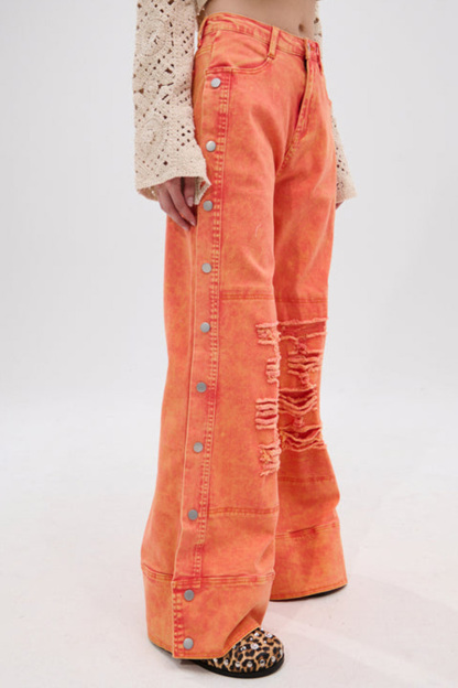 Fashion Side Button Ripped Bright Color Jeans