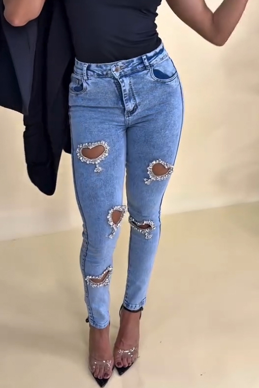 Women's Revival Style Rhinestone Heart-Shaped Cutout Jeans