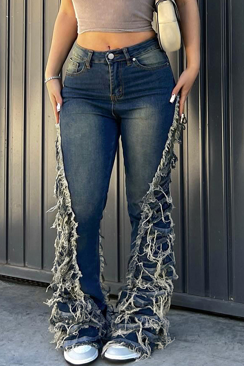 Fashion Side Raw Trim Flare Leg Jeans