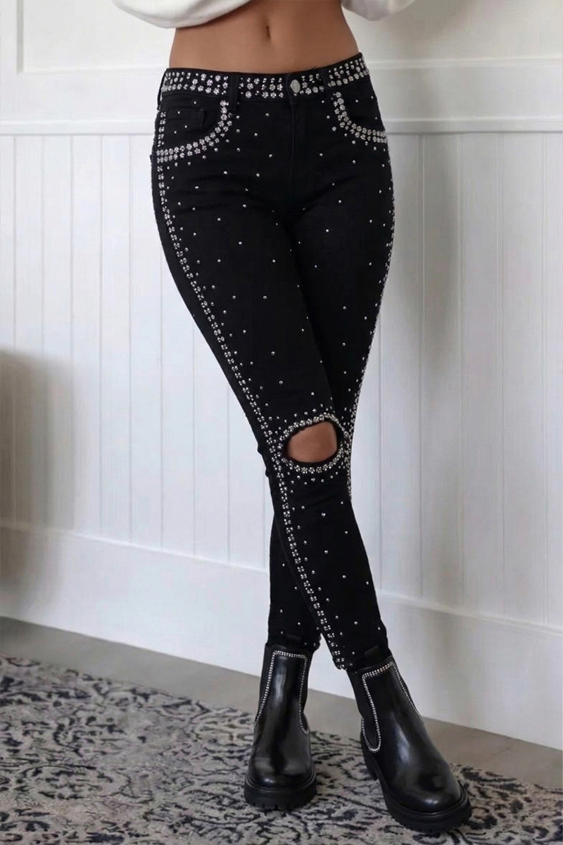 Women's Casual Rhinestone Ripped Skinny Jeans
