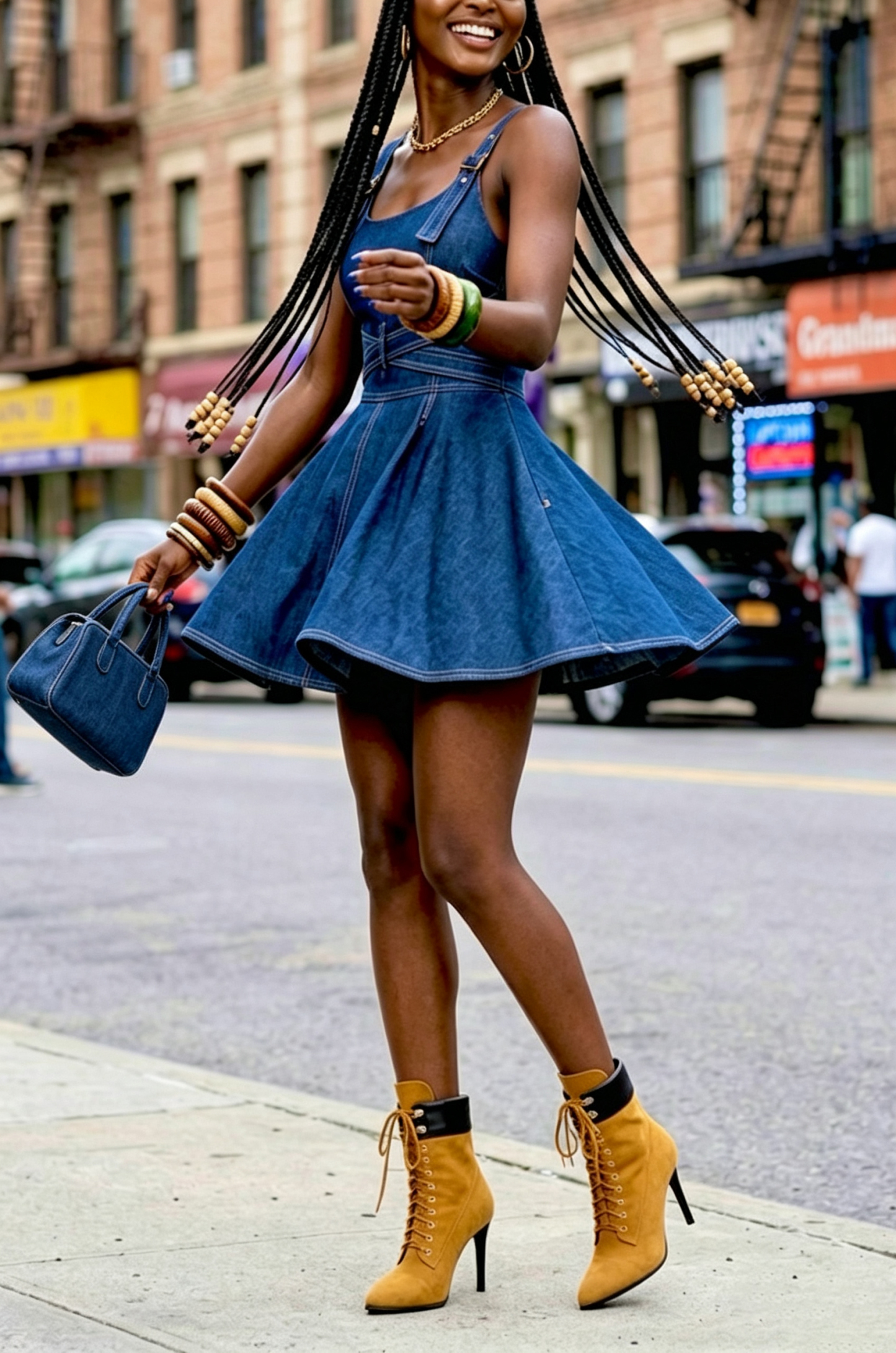 Women's Fashion Waist Cinching A-Line Hem Spaghetti Strap Denim Mini Dress