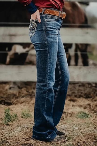 Casual Embroidered Micro Flare Leg Jeans