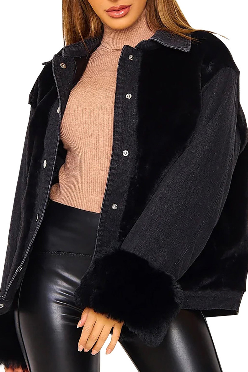 Casual Plush Paneled Denim Insulated Coats