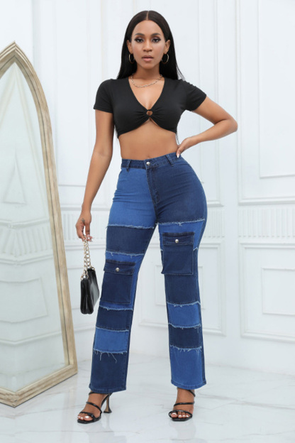 Designer Color Block Raw Hem Straight Leg Jeans