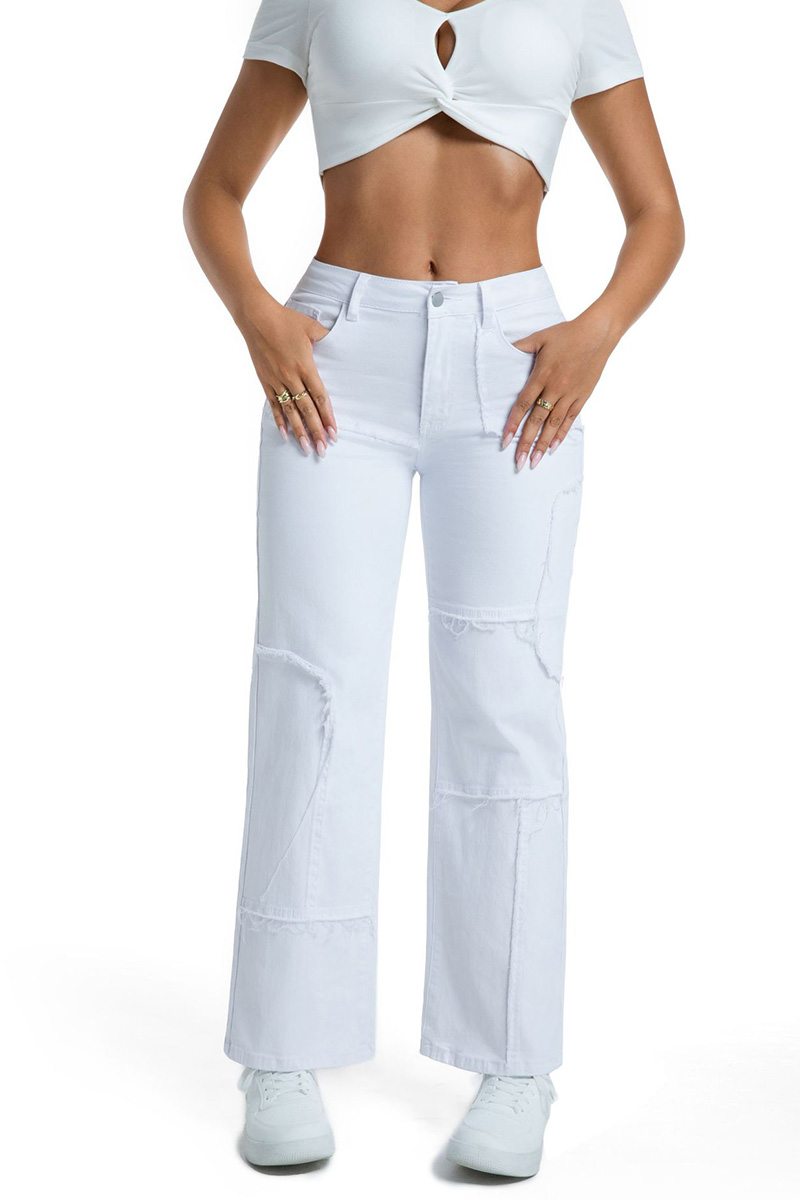 Casual Stretch Panel Raw Hem Wide Leg Jeans