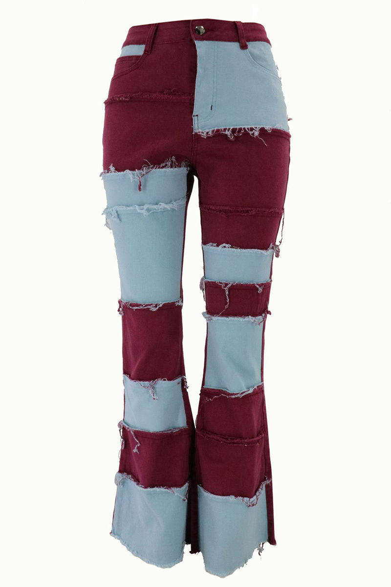 Vintage Color-Block Raw Hem Stretch High Rise Jeans