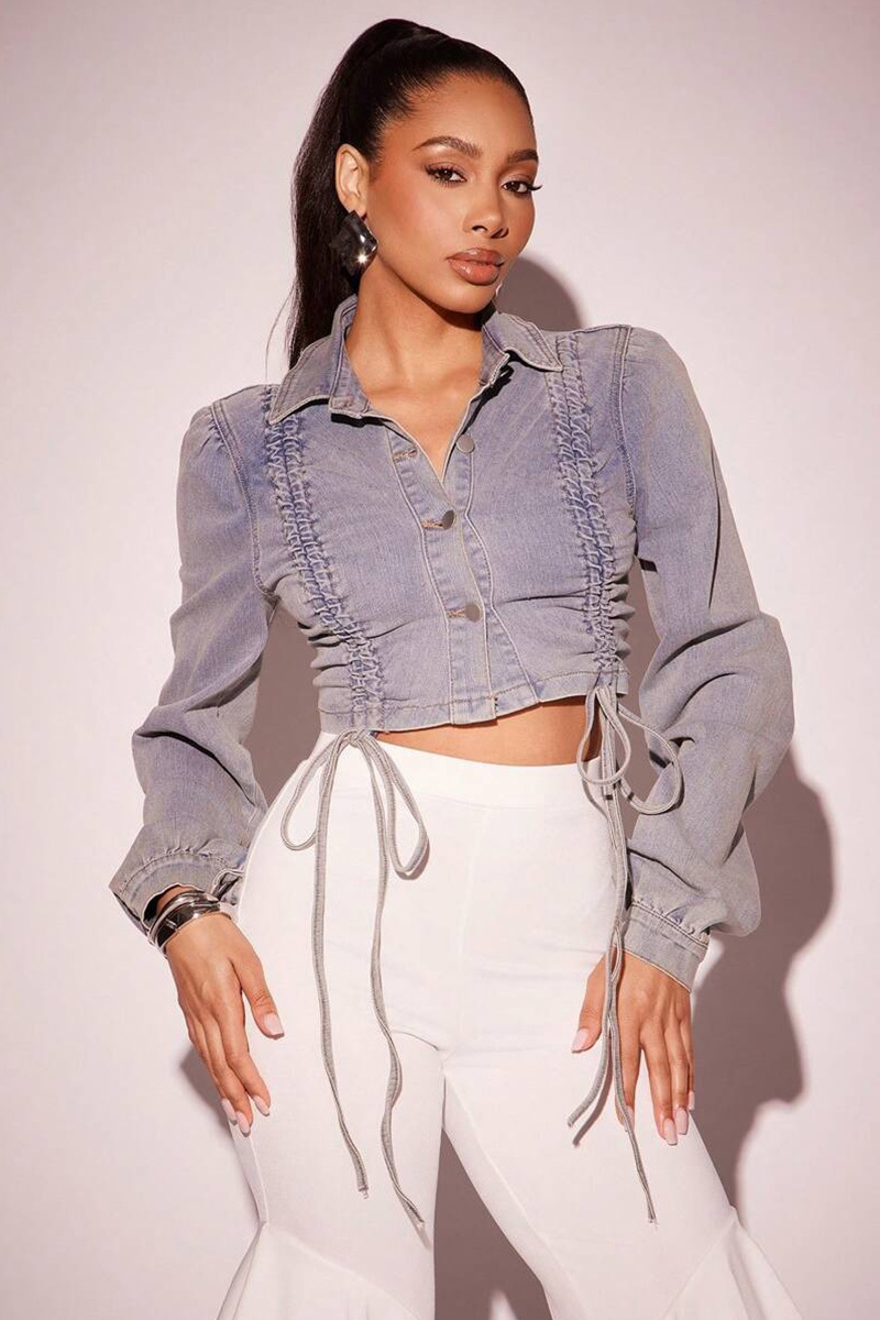 Stylish Drawstring Detail Short Denim Jacket