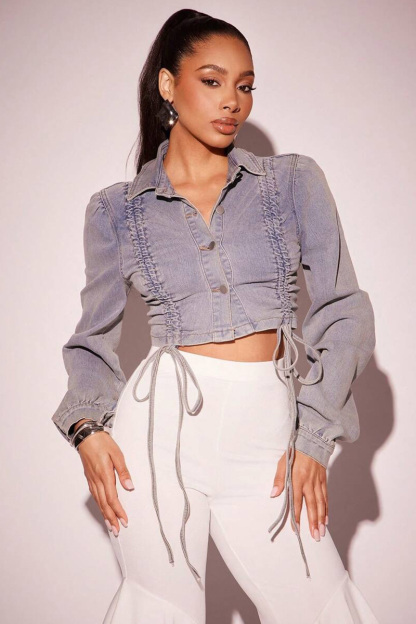 Stylish Drawstring Detail Short Denim Jacket