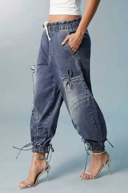 Fashion Bleach Wash Adjustable Drawstring Cargo Jeans