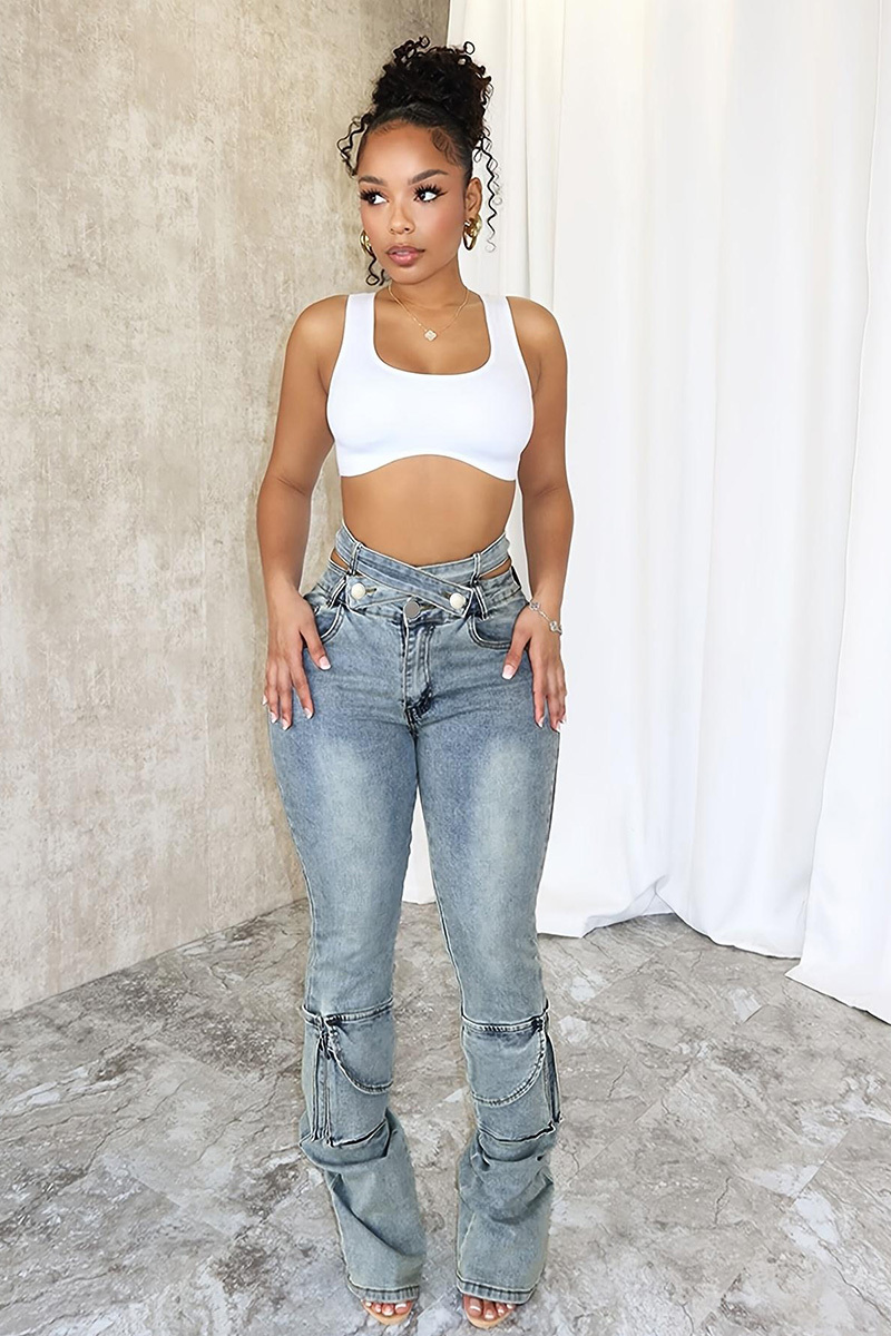 Fashion Self Belted Flap Pocket Acid Wash Jeans