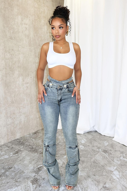 Fashion Self Belted Flap Pocket Acid Wash Jeans