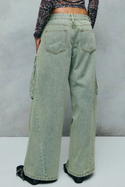 Fashion Pleated Asymmetric Pocket Wide Leg Cargo Jeans