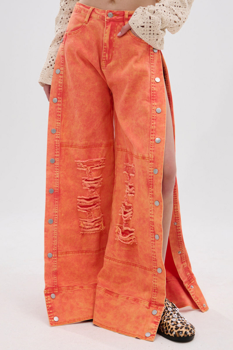 Fashion Side Button Ripped Bright Color Jeans