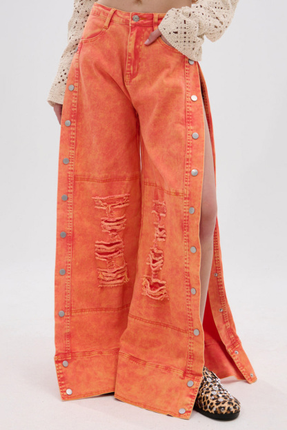 Fashion Side Button Ripped Bright Color Jeans