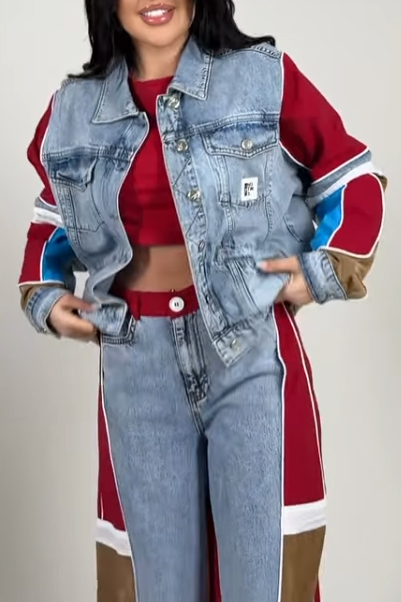 Ladies Contemporary Denim Patchwork Jacket + Jeans Sets