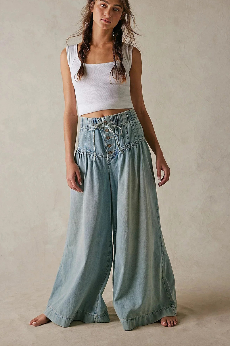 Casual Pleated Mid Rise Drawstring Relaxed Wide Leg Jeans