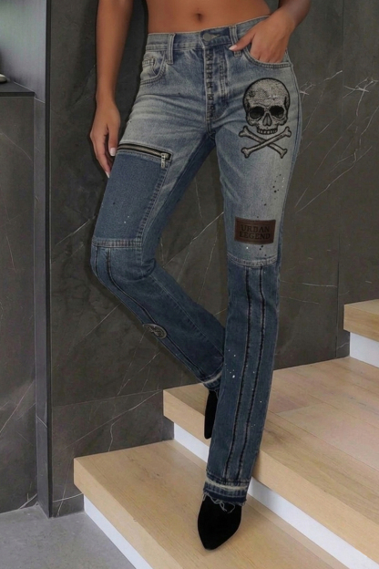 Women's Fashion Street Patchwork Printed Jeans