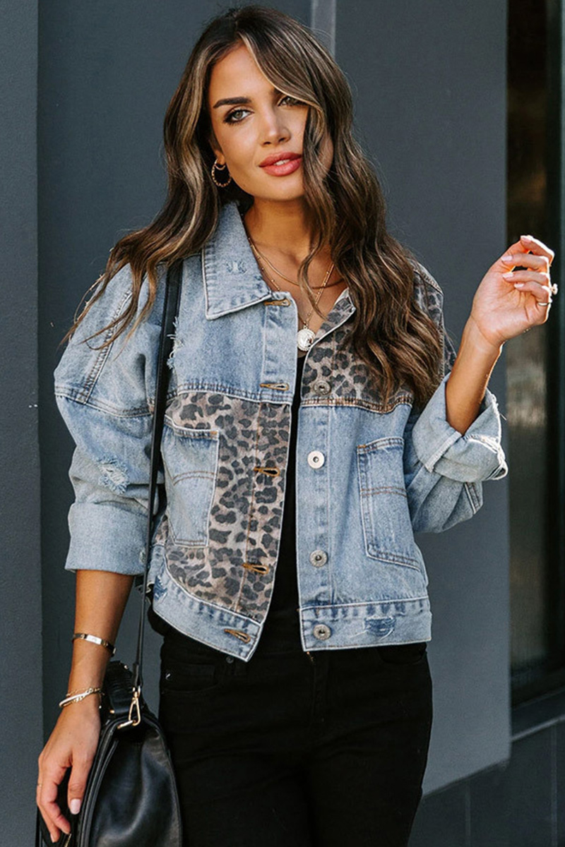 Fashion Print Paneled Ripped Short Denim Jacket