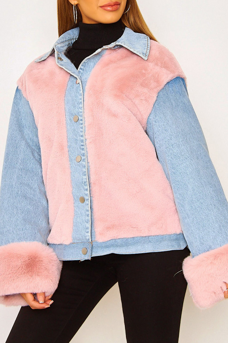 Casual Plush Paneled Denim Insulated Coats