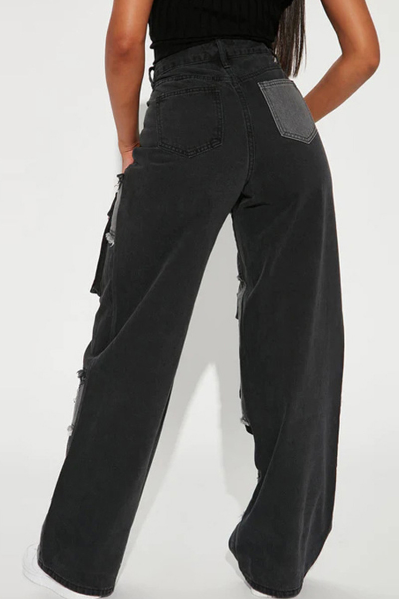 Designer Color Block Raw Hem Straight Leg Jeans