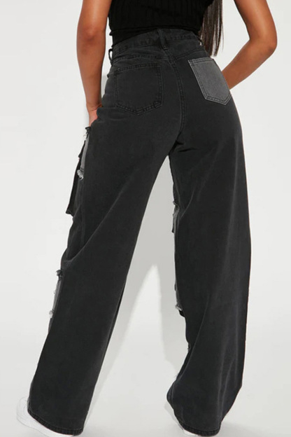 Designer Color Block Raw Hem Straight Leg Jeans