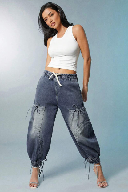Fashion Bleach Wash Adjustable Drawstring Cargo Jeans