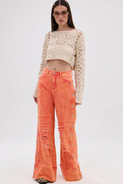 Fashion Side Button Ripped Bright Color Jeans