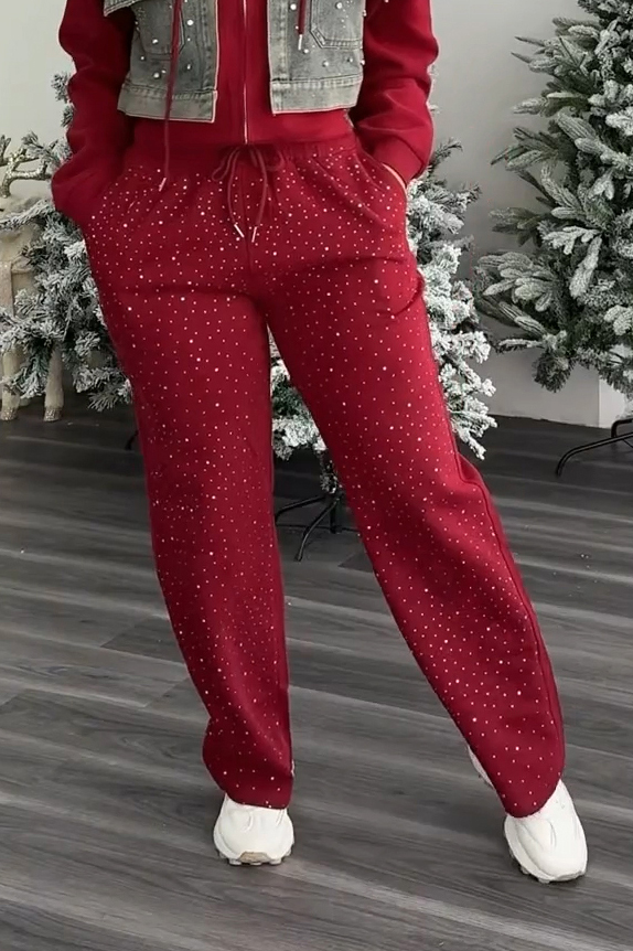 Women's Rhinestone Patchwork Denim Jacket + Waist Drawstring Pants Set