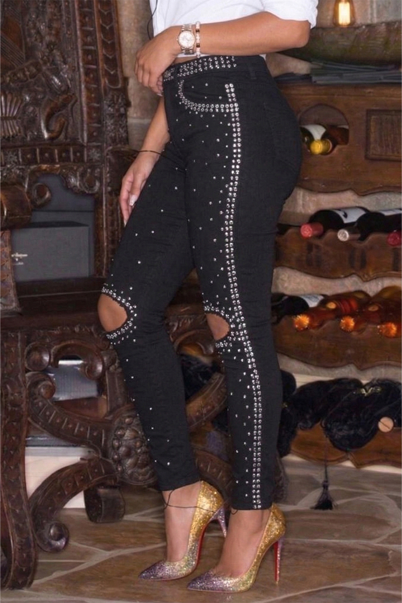 Women's Casual Rhinestone Ripped Skinny Jeans