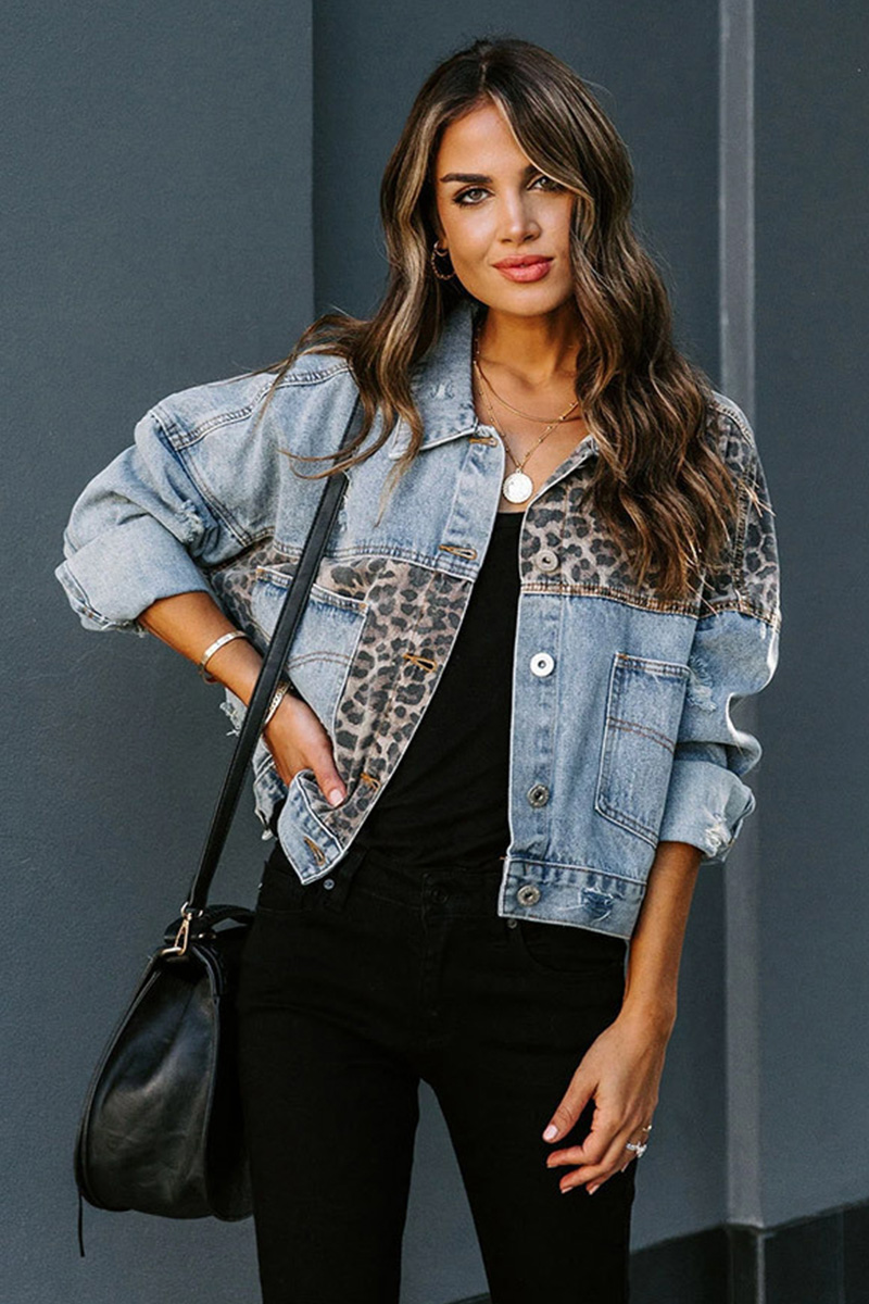 Fashion Print Paneled Ripped Short Denim Jacket