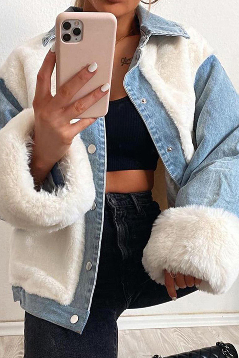 Casual Plush Paneled Denim Insulated Coats