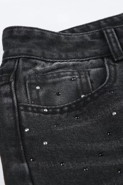 Vintage Hotfix Rhinestone Distressed Low Rise Wide Leg Jeans