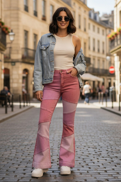 Fashion Color Block Stretch Flare Jeans