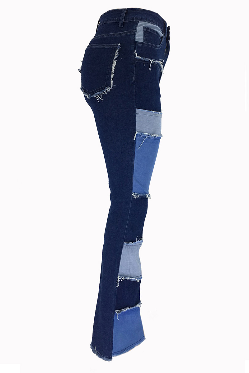 Vintage Color-Block Raw Hem Stretch High Rise Jeans