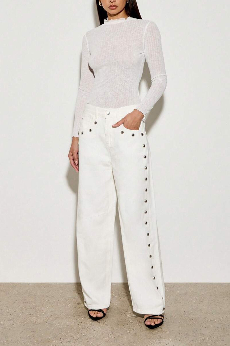 Fashion  Studded High Waist Wide Leg Jeans