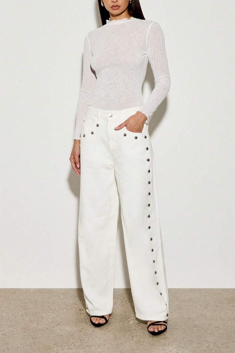 Fashion  Studded High Waist Wide Leg Jeans