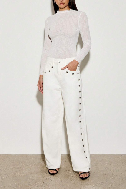 Fashion  Studded High Waist Wide Leg Jeans