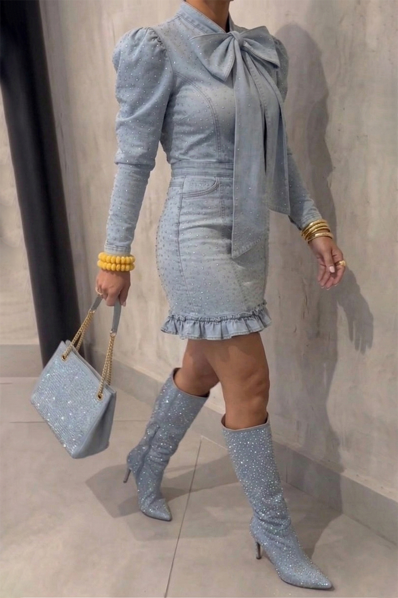 Women's Casual Rhinestone Bow Denim Dress