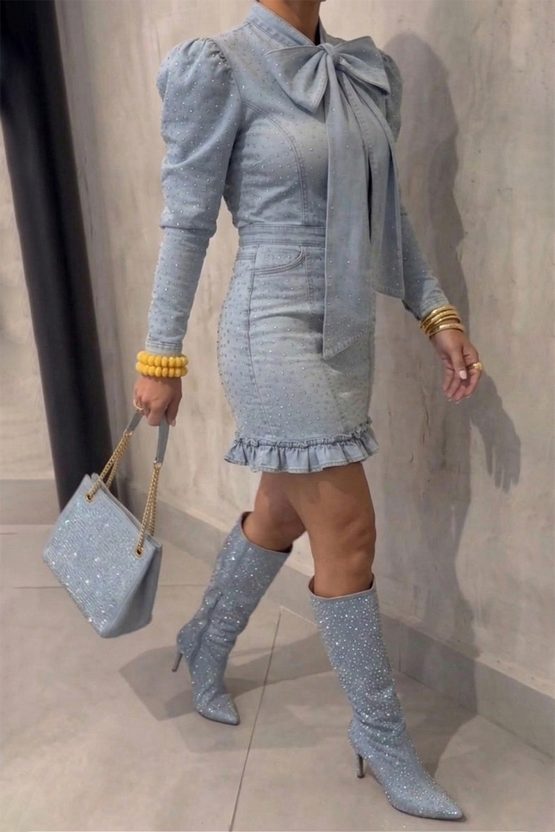 Women's Casual Rhinestone Bow Denim Dress